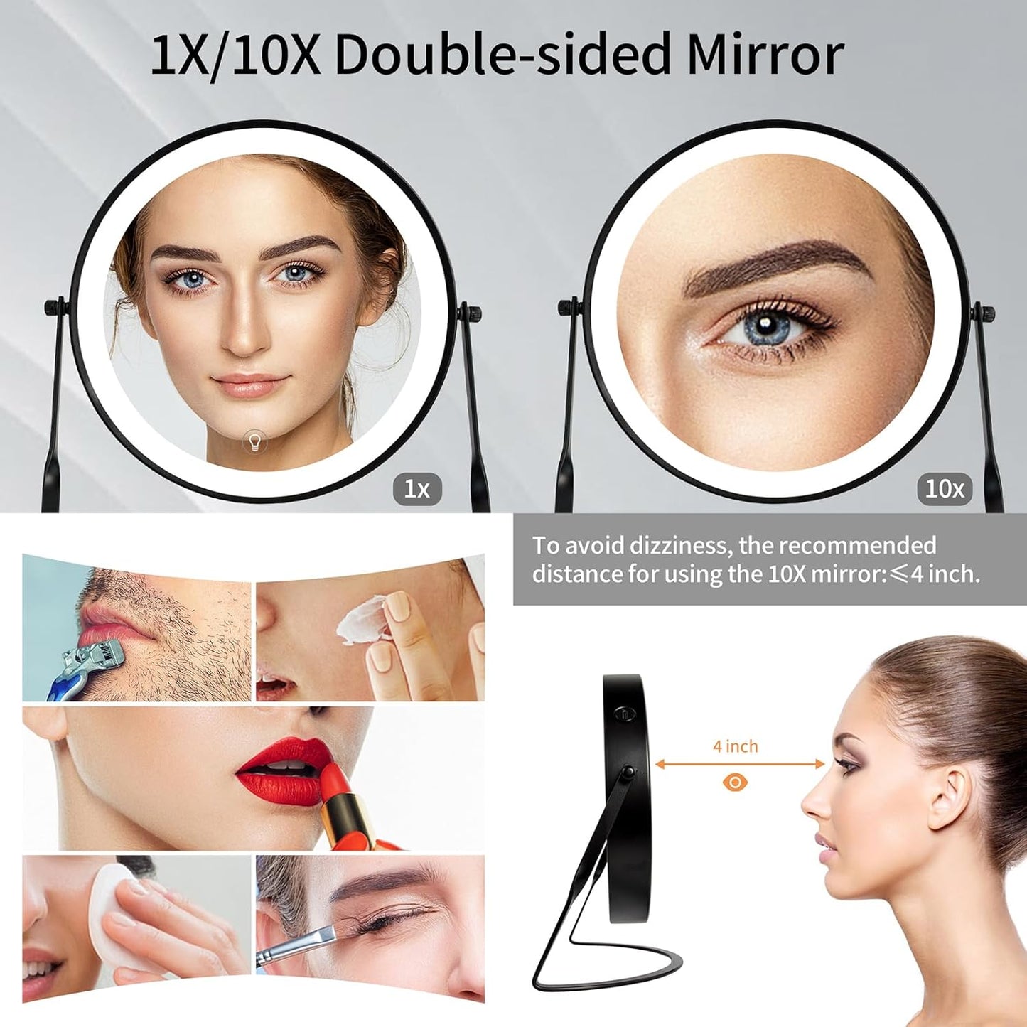 DOWRY 8.5'' Lighted Makeup Vanity Mirror - Rechargeable 1x/10x Magnification, Adjustable 3-Color Brightness, 360° Rotation