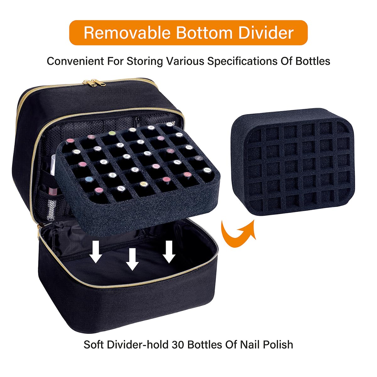 UOZL Nail Polish Organizer, Handheld Double Layer Organizer Holds 30 Bottles (15 ml/0.5 floz) with Adjustable Dividers for Nail Polish Small Manicure Lamp Manicure Tools Essential and Travel,Black