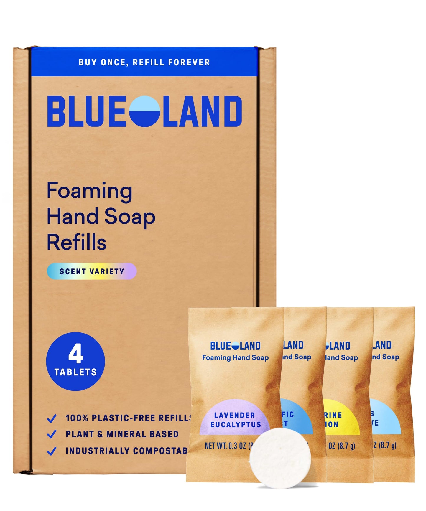 BLUELAND Foaming Hand Soap Refill Tablets, 10-Pack, Fragrance Free, Eco Friendly Cleaning Products, 10 x 9 Fl oz