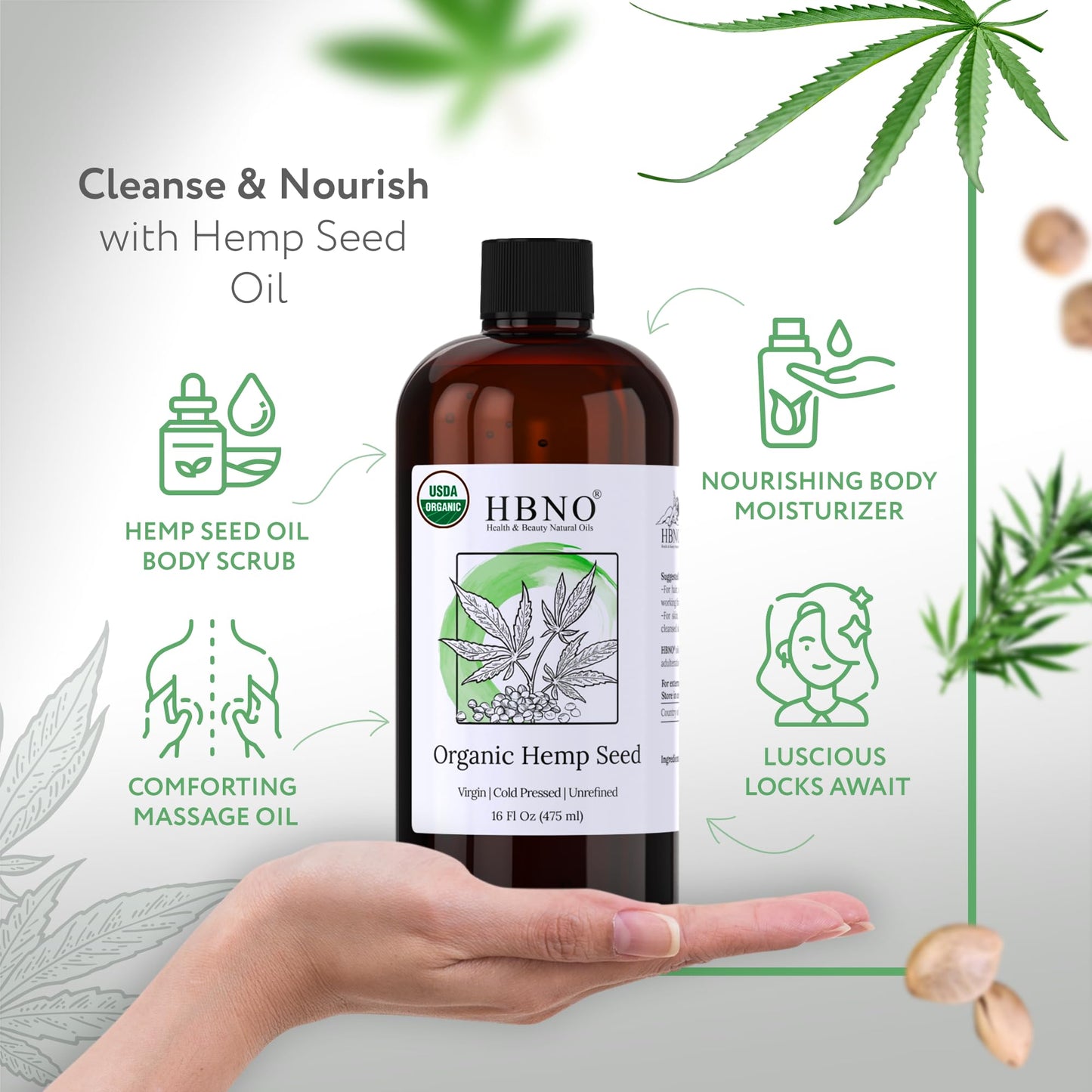 HBNO Organic Hemp Seed Oil -16 OZ (475ml) Value Size - Natural Hemp Oil, Cold Pressed - Perfect Carrier for Massage, Aromatherapy, Diy, Soap Making, Face, Body, Lips, Hair, Nails