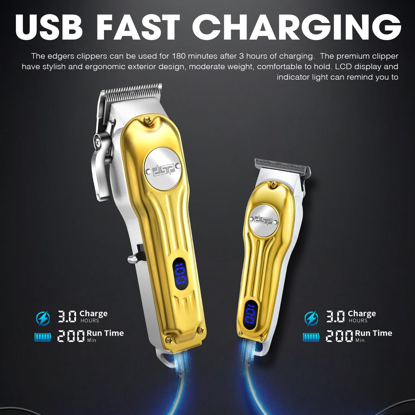 DSP Beard Trimmer for Men, Cordless Hair Clipper Shavers, Facial Hair Trimmer for Beard & Mustache Trimming, Professional Haircut Kit for Men Rechargeable LED Display (Silver)