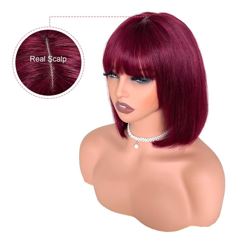 Bob Wig with Bangs - Glueless Human Hair Straight Layered Bob | 10-Inch 99J Color