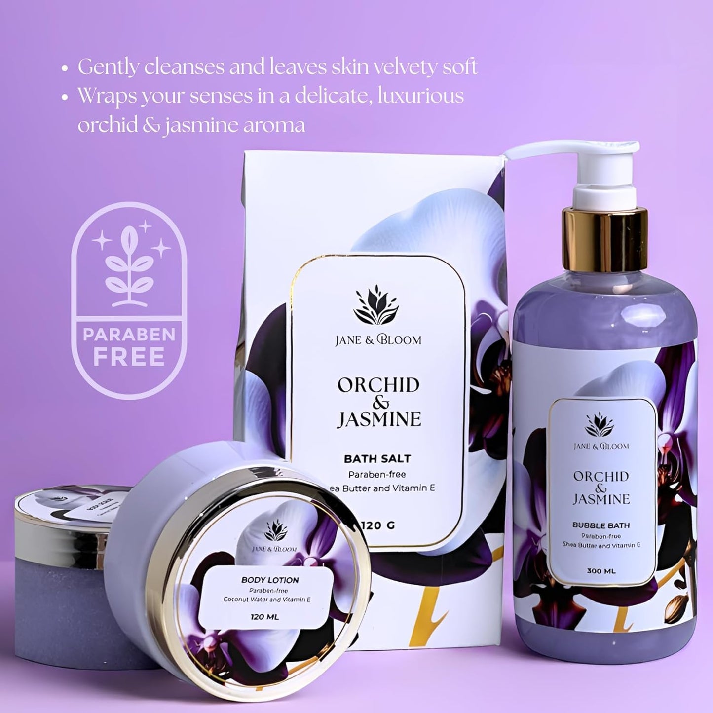 Christmas Bath Spa Gifts for Women - 9-Piece Luxury Bath & Body Set | Orchid & Jasmine Shower Gel, Bubble Bath, Lotion & More