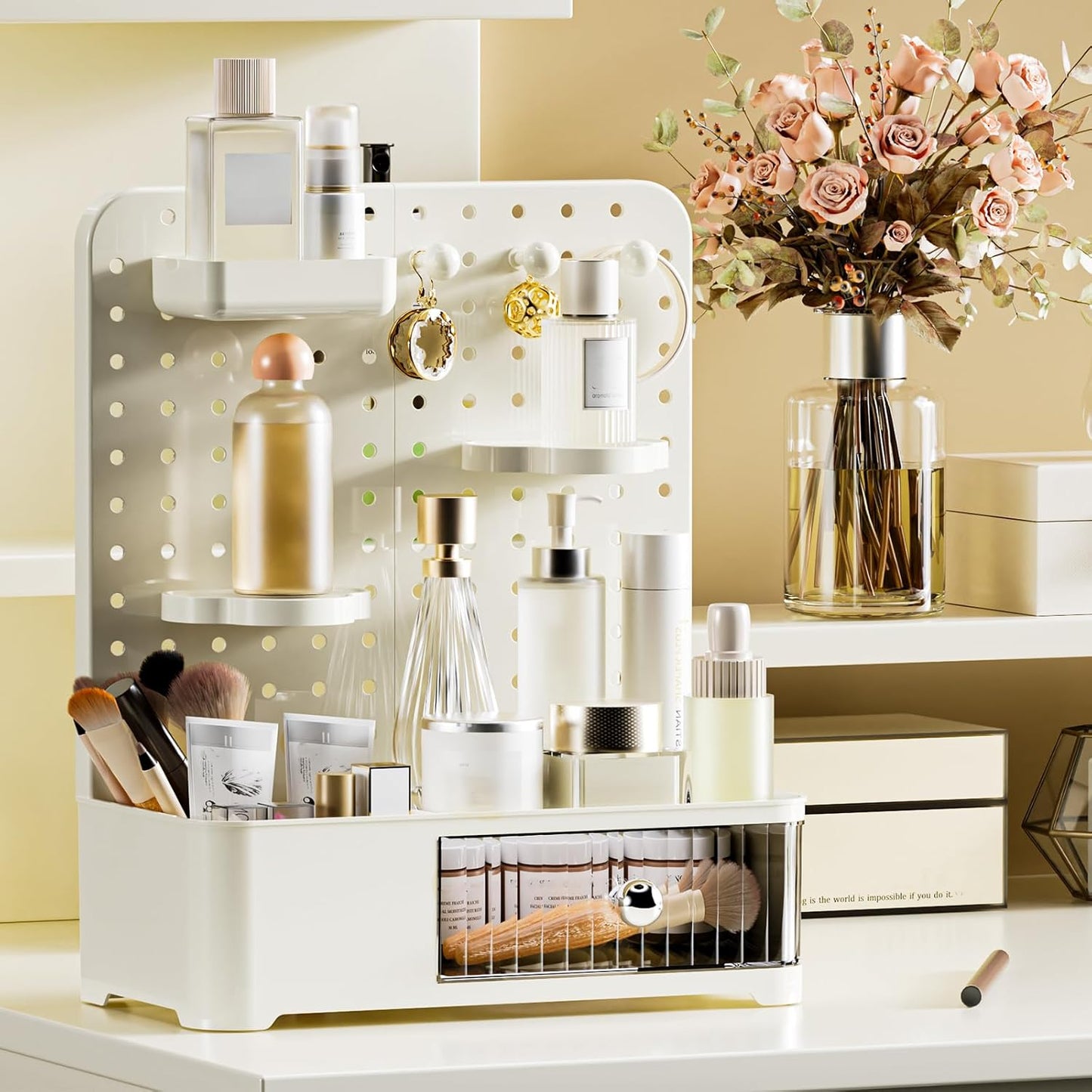 Makeup Organizer - Aesthetic Cosmetic Storage Rack with Adjustable Shelves & Drawer | Cream White
