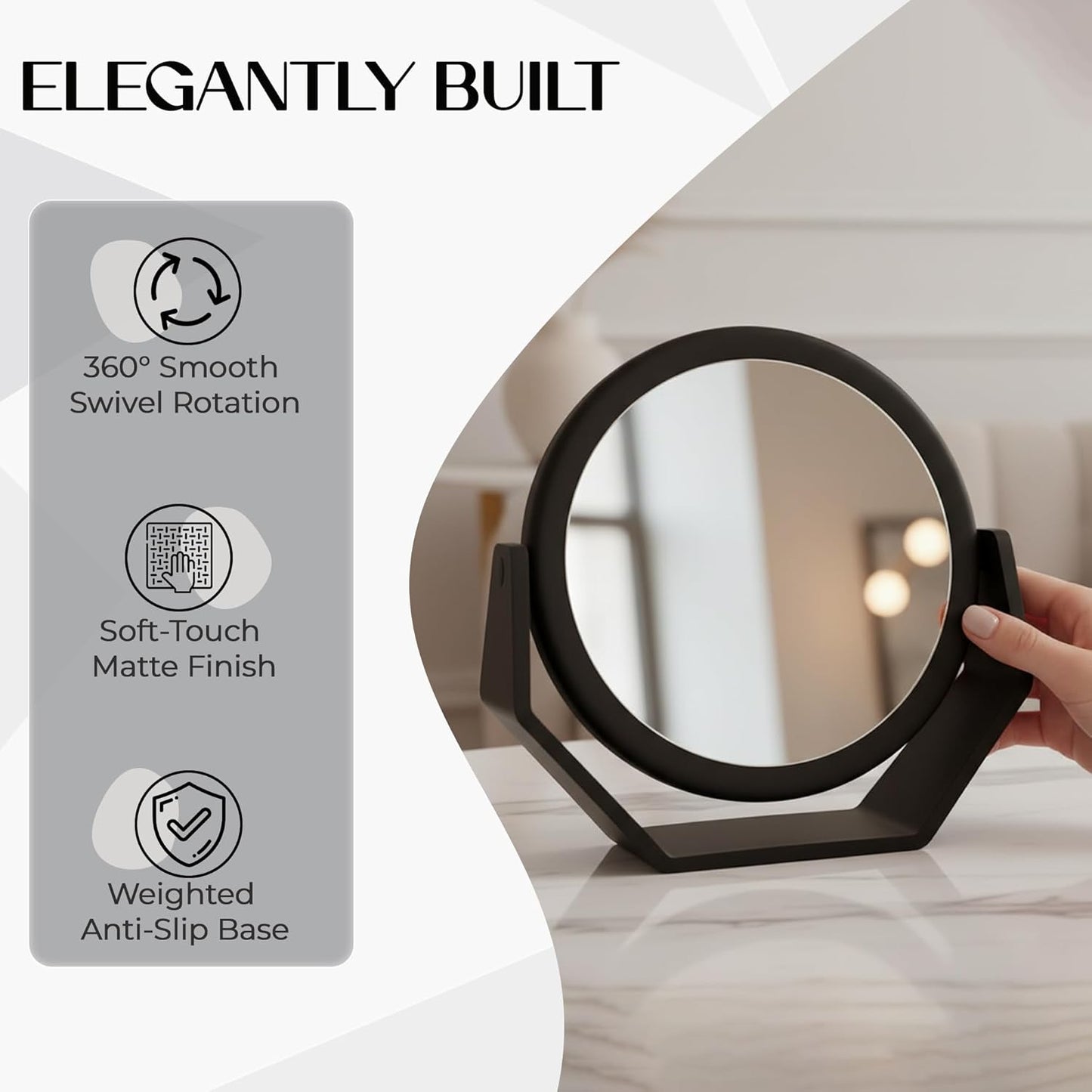 Round Soft Touch Vanity Mirror - 1X/10X Magnifying Black Matte Makeup Mirror | Portable Tabletop & Desk Use