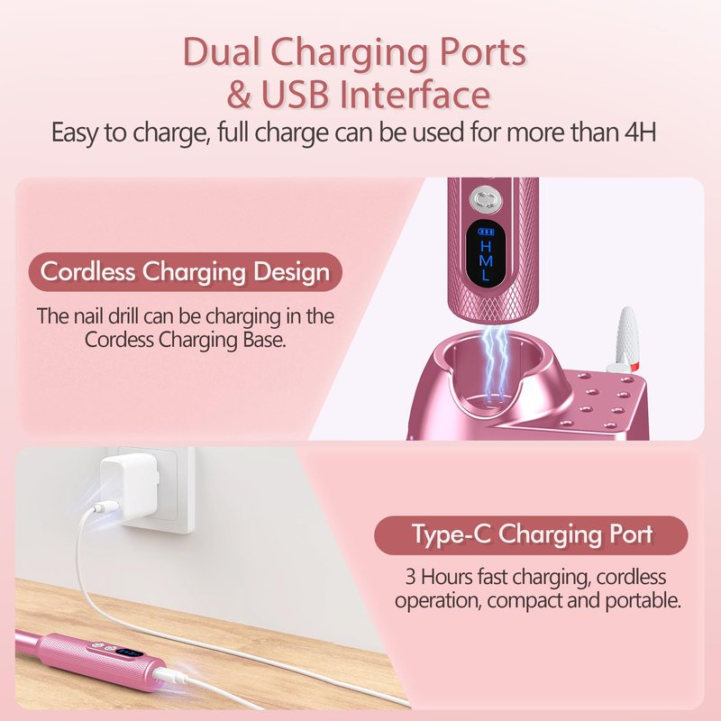 PUNOLAZY Electric Nail Drill - Nail Filer for Acrylic Nails Professional, Manicure Pedicure Polishing Shape Tools for Home Salon Use Nail Kit, Pink