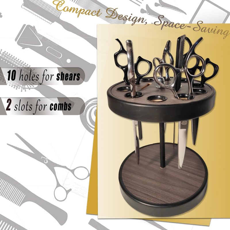 suweisua Rotating Scissors Shear Holder, Barber Organizer for Salon Station, Hair Stylist Tools Storage Rack for Combs Brushes, 10 Shears Holes and Two Comb Slots (Black)
