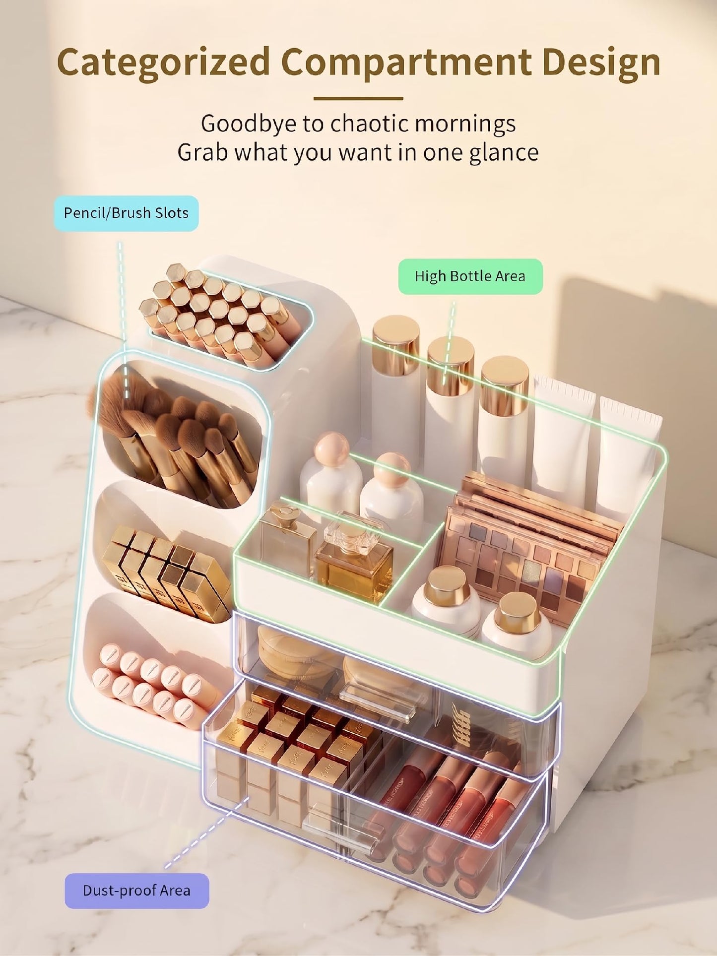 Booklov Makeup Organizer for Vanity, Large Capacity Cosmetic Display Case with Clear Acrylic Drawer, Countertop Beauty Storage Holder for Skincare, Brush Eyeshadow Lipstick Counter Desk, Crystal White