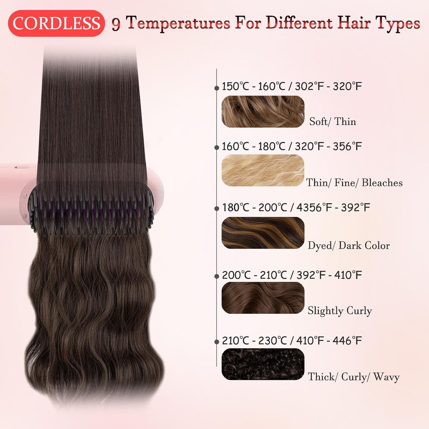 Cordless Hair Straightener Brush - Portable Styling Comb with 9600mAh Battery | 9 Temp Settings, Anti-Scald, Travel-Friendly
