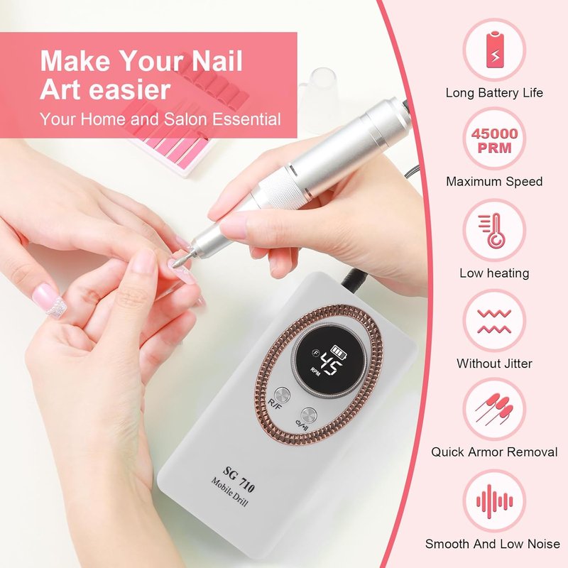 Electric Nail Drill Machine - 45000RPM Rechargeable Portable Kit with Smart LCD Screen | Gel Nail Manicure & Pedicure (White)