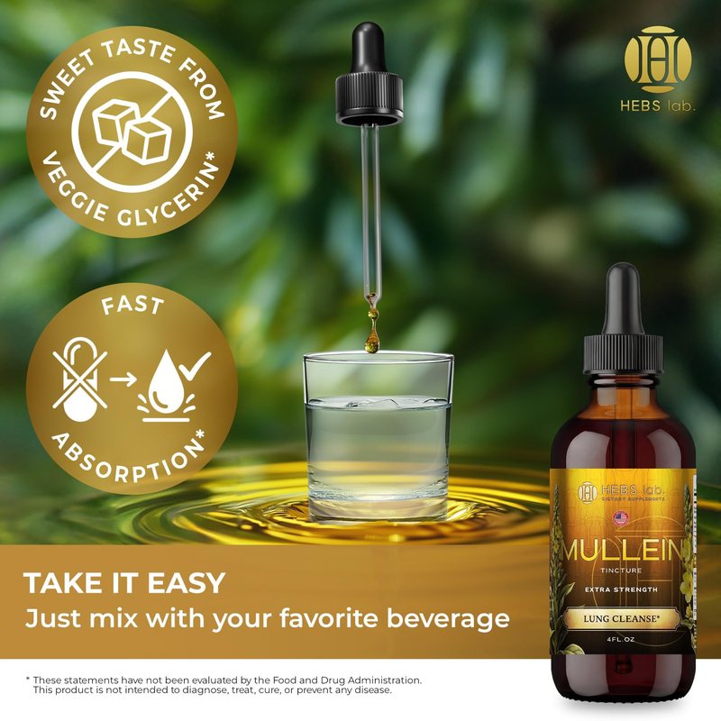 HEBS LAB. Mullein Leaf Extract for Lung Cleanse and Health - Mullein Drops Made in USA - Lung Support Supplement - Herbal Respiratory Support - Mullein Extract Tincture 4 Fl Oz