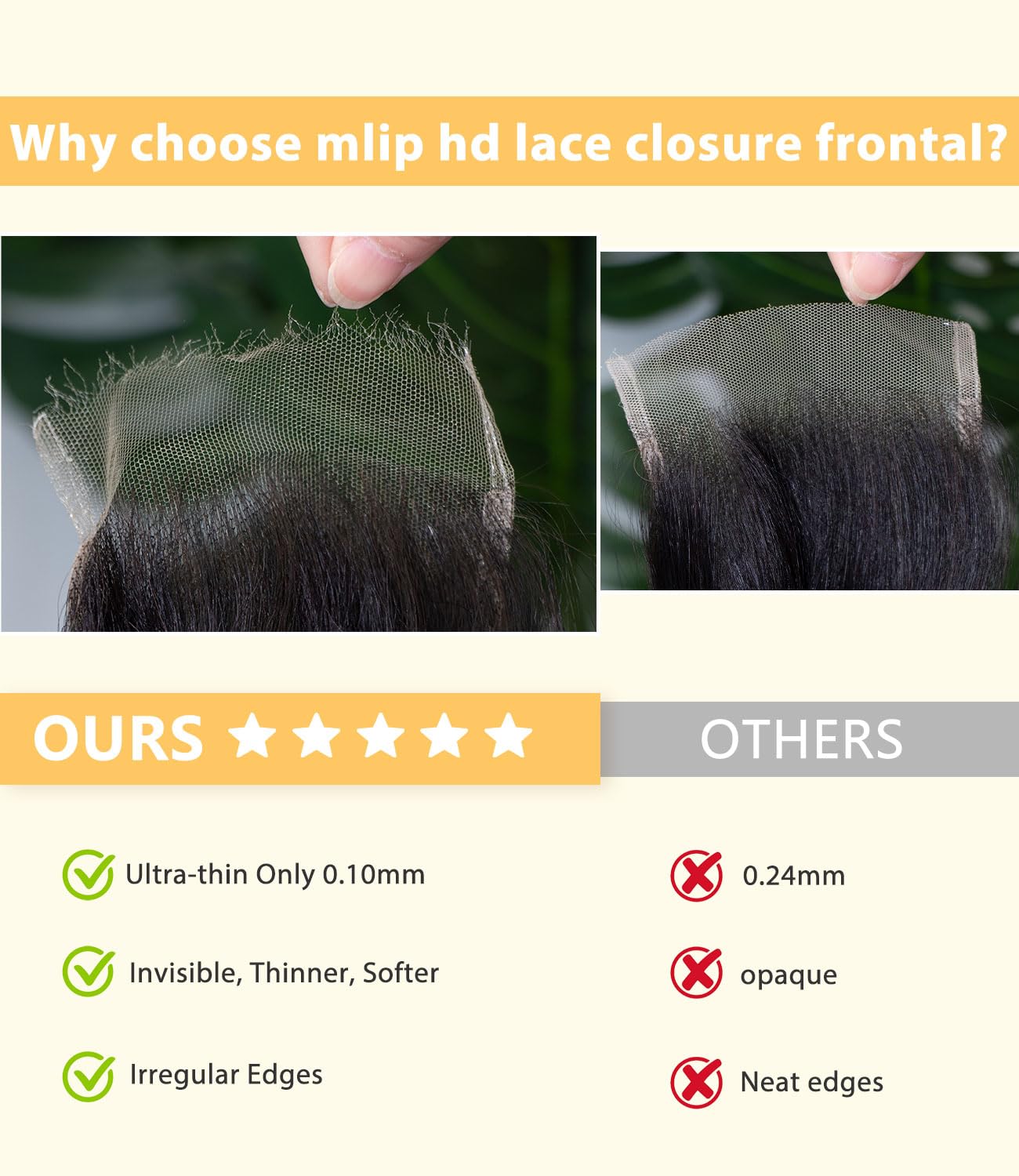 Mlip 2x6 HD Lace Closure Body Wave, 0.10mm Ultra Thin Invisible Swiss Lace, Skinlike Real HD Lace Melt into Skin Perfectly, Pre-plucked Natural Hairline, Raw Indian Human Hair 12 Inches Natural Color