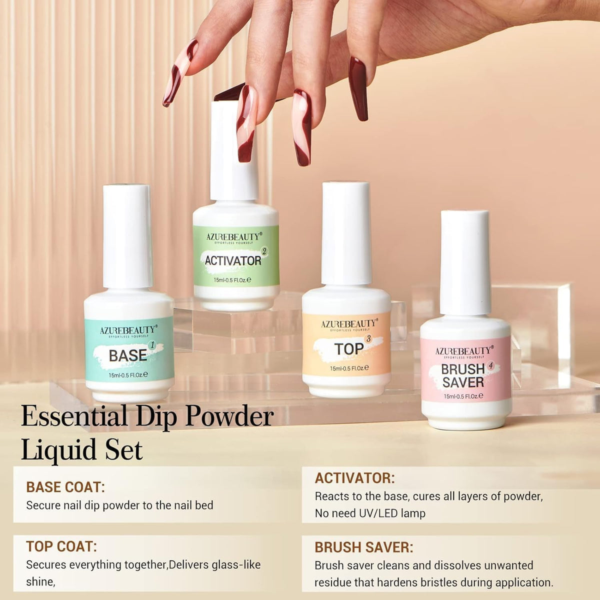 AzureBeauty Dip Powder Liquid Set 15ml/0.5oz 8 Pcs Dipping Base Activator and Top Coat Brush Saver Nail File Necessary Tools for Dip Kit No Lamp Needed