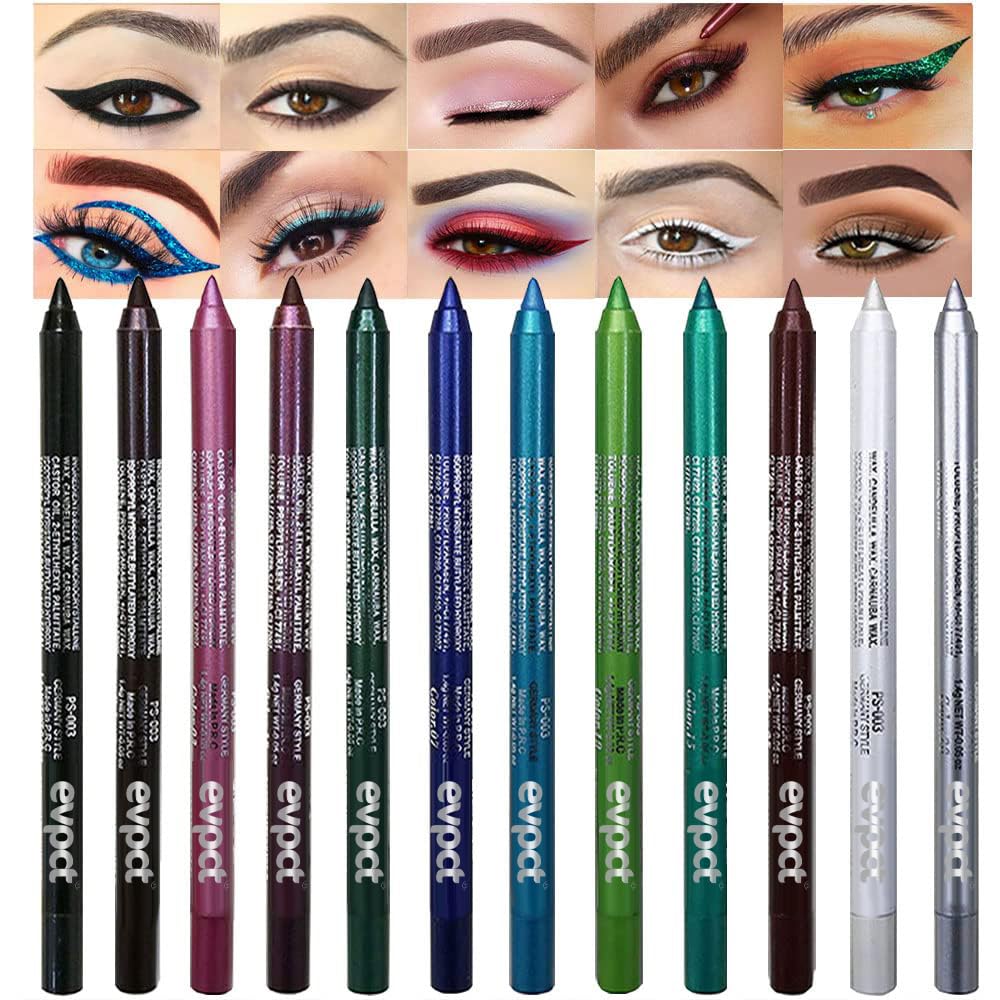 evpct 12Pcs Green Blue White Black Brown Purple Color Gel Glitter Eyeliner Pencils Set for Women Waterline Waterproof Smudge Proof lapiz de ojos delineador de ojos contra el agua Eye Liner Makeup 1-5