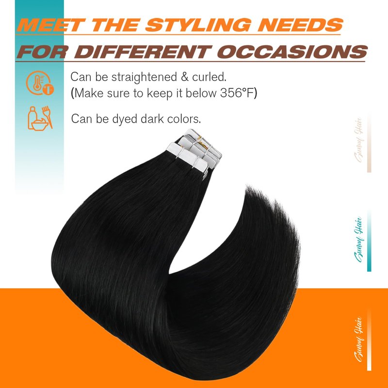 Sunny Hair Tape in Hair Extensions Human Hair 18inch Hair Extensions Real Human Hair Tape in Extensions Jet Black Tape in Extensions for Women 20Pcs 50g