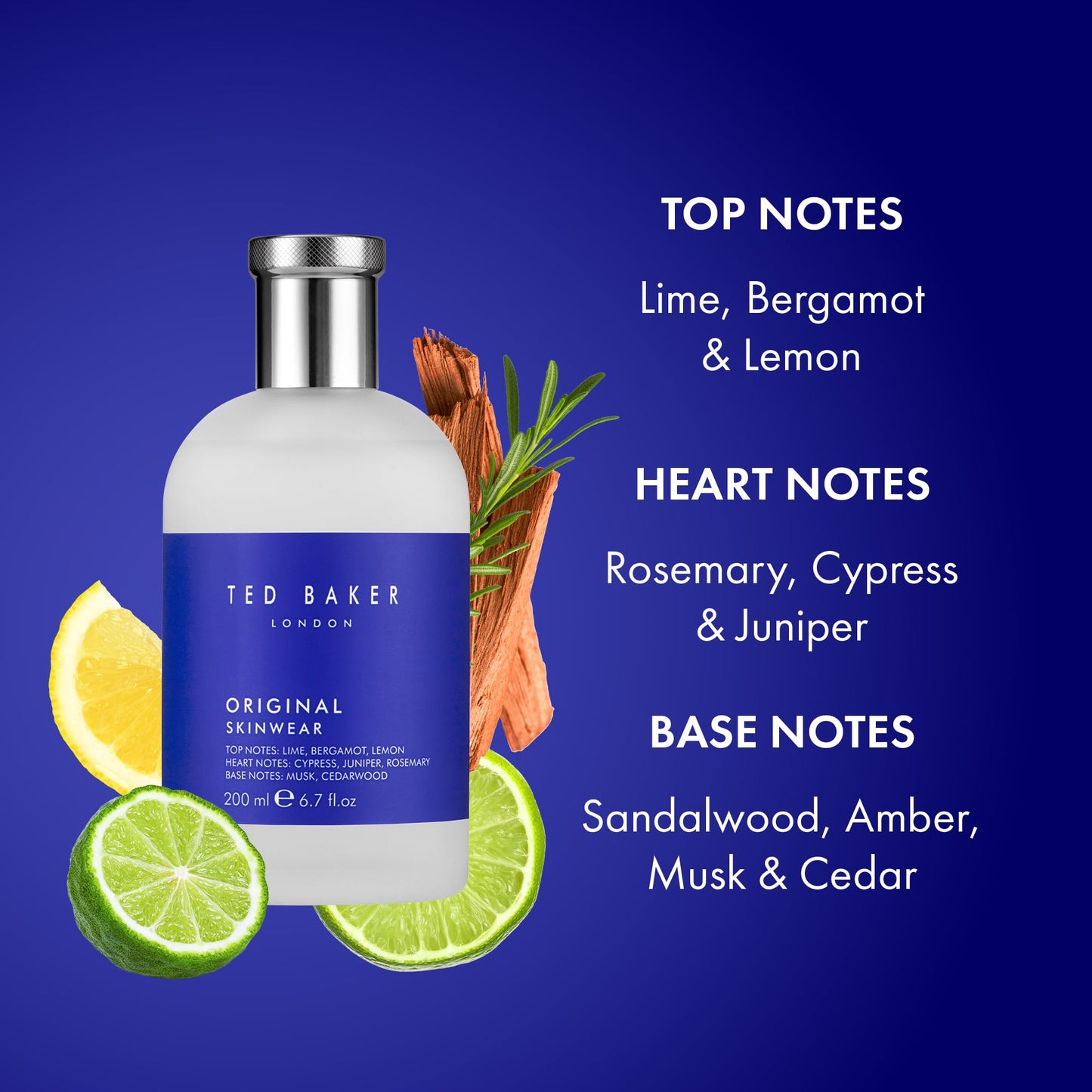 Ted Baker Skinwear EDT, woody masculine fragrance, zesty lime, bergamont and lemon top notes with sandalwood, amber and cedar base notes, 6.76 fl oz
