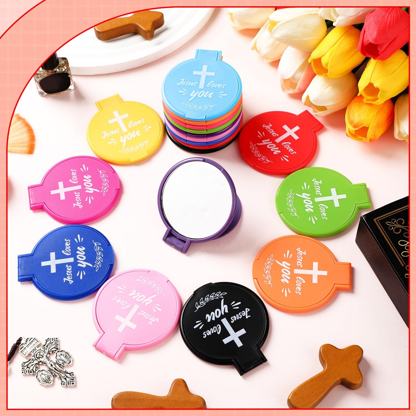 Yerliker 80 Pcs Christian Mini Compact Mirrors Bulk, Jesus Loves You Inspirational Bible Verse Pocket Mirrors for Women, Religious Gifts for Mother's Day, Church Sunday School Baptism Party Favors