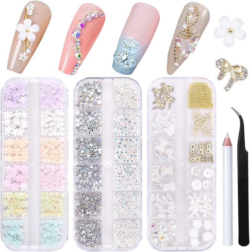 3D Flowers Nail Art Charms Kit - 400Pcs Acrylic Flowers & 1500Pcs AB Rhinestones | 200Pcs Butterflies & Bows for Creative Nail Designs