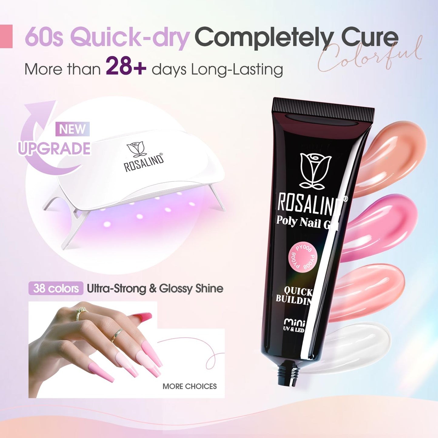 ROSALIND 38 Colors Poly Nail Gel Kit with Mini Nail Lamp Clear Neon Poly Nail Gel Starter Kit for Beginners Halloween All Seasons Classic Colors with Everything