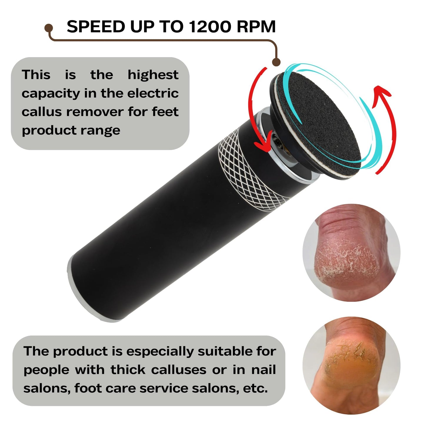 High Power Electric Foot Callus Remover, 2026 Upgrade with 100-inch Extra-Long Cord and 60 Replaceable Sandpaper Discs, Electric Foot File for Cracked Heels and Dead Skin, Black