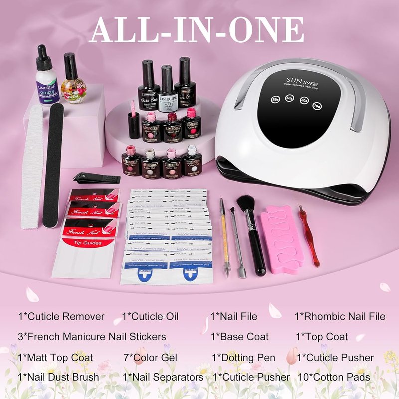 LimeGirl Gel Nail Polish Kit - 23PCS Salon-Grade UV Light Set | 7 Colors Including Classic French White & Mauve Grey