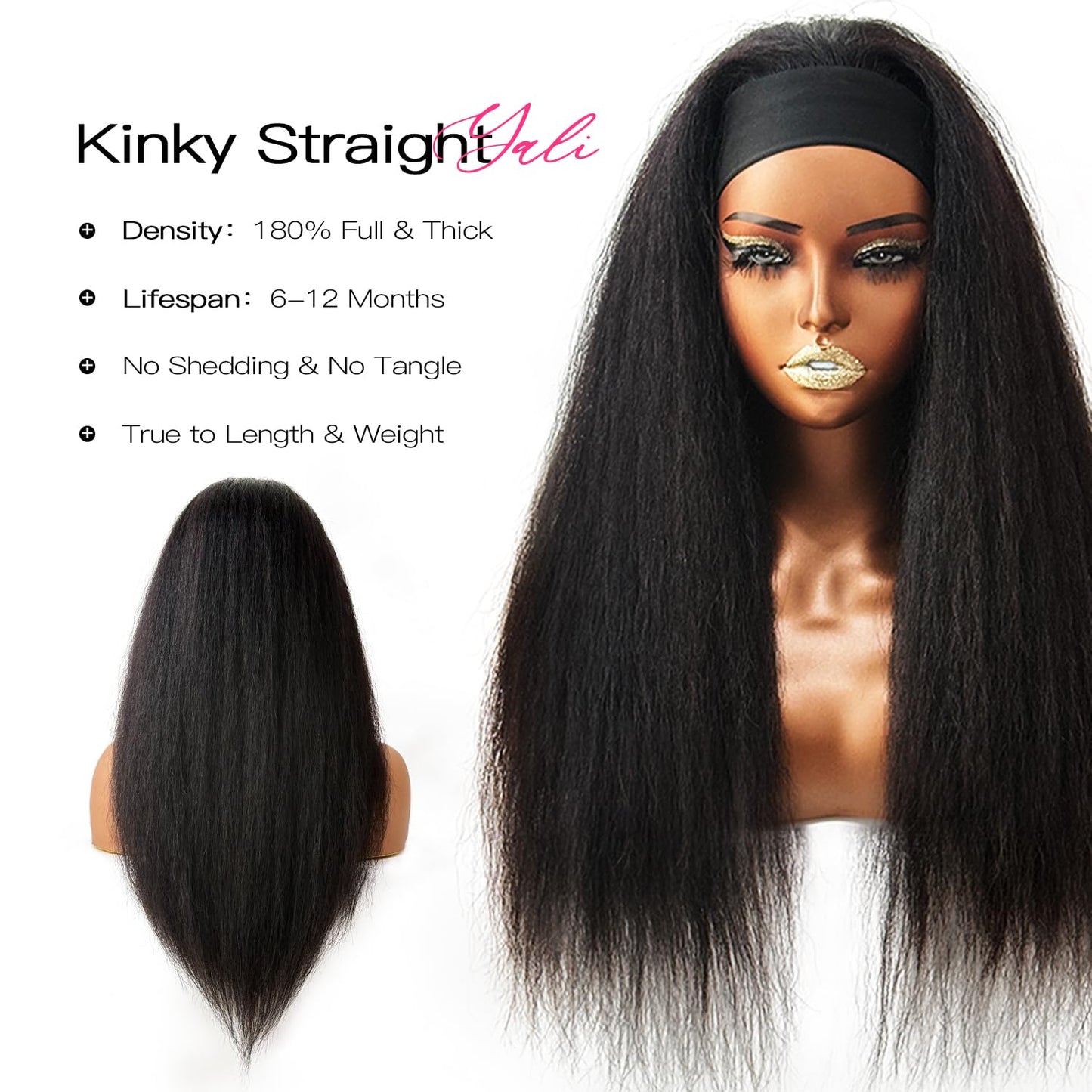 ME-U Headband Wig Human Hair Kinky Straight Guleless Wigs for Black Women Wear and Go 180% Density Yaki Straight Wig No Lace Natural Black Color 26 Inch