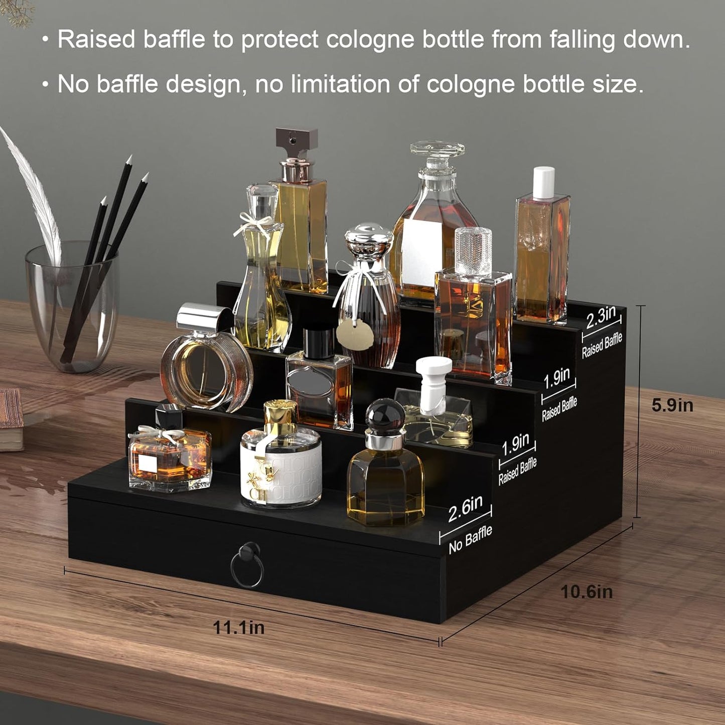 Cologne Organizer for Men - 4-Tier Black Wood Perfume Holder with Felt Lining & Hidden Compartment | Perfect Gift Idea