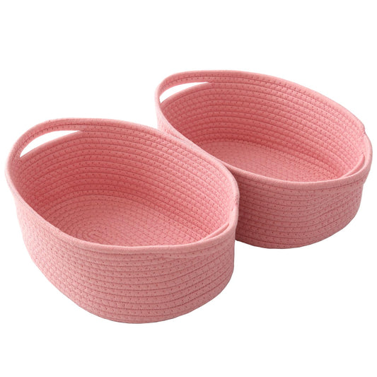 JMvicyroam Woven Basket,Small Rope Storage Bin with Handles & Ribbon Bag, Organizer for Shelves Closets,Gift Basket Empty for Birthday,Books,Dog Toys, Pink/2 Pack