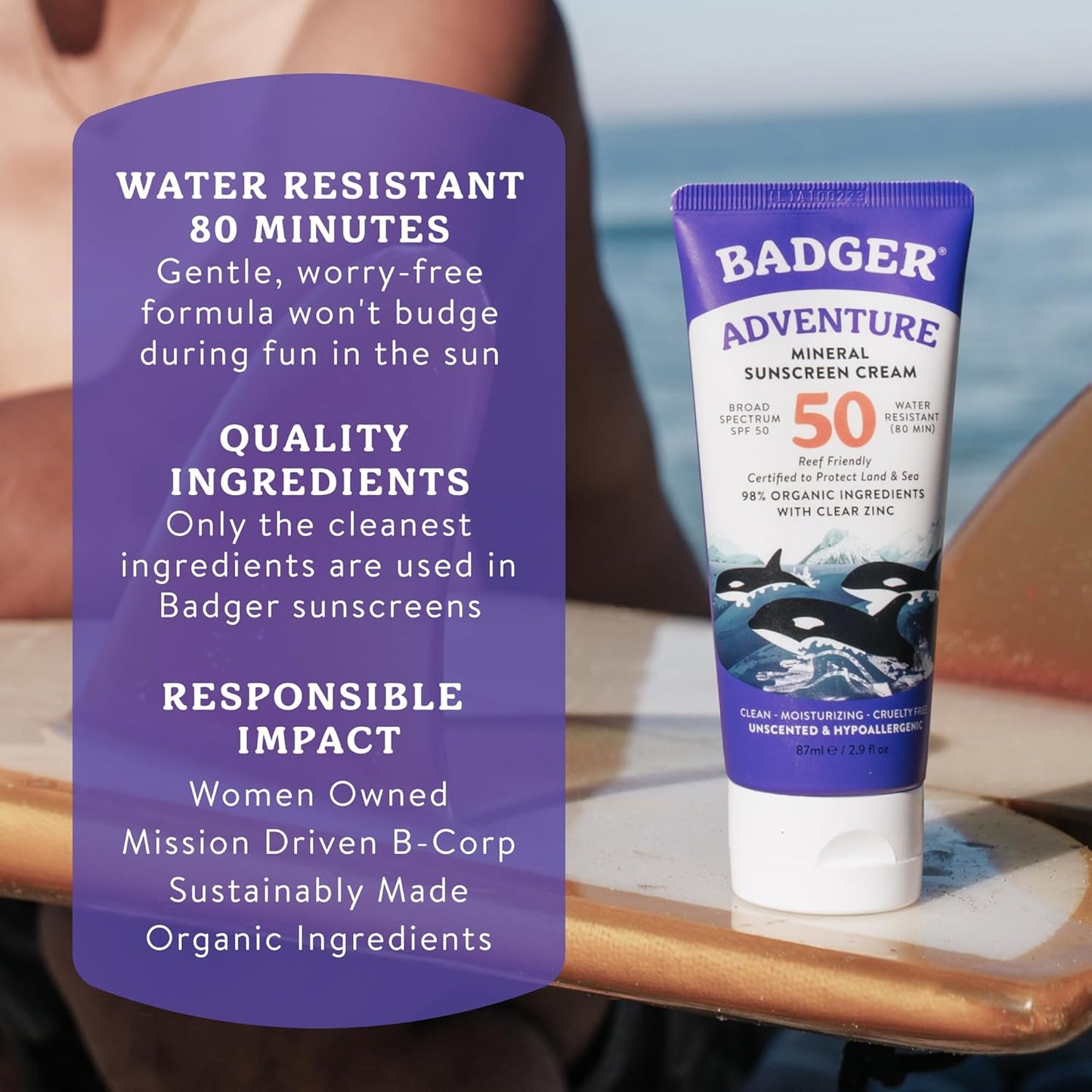 Badger Reef Safe Mineral Sunscreen SPF 50 - 98% Organic, Non-Toxic, Water Resistant, Unscented | 2.9 fl oz