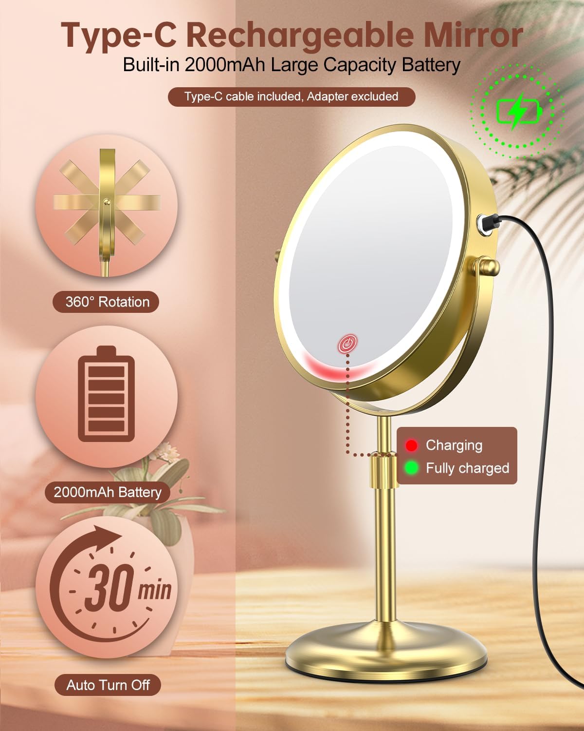 Lighted Makeup Mirror - 7-Inch with 3 Color Lights & 10X Magnification | Adjustable Brightness & Height, 360° Swivel, Gold