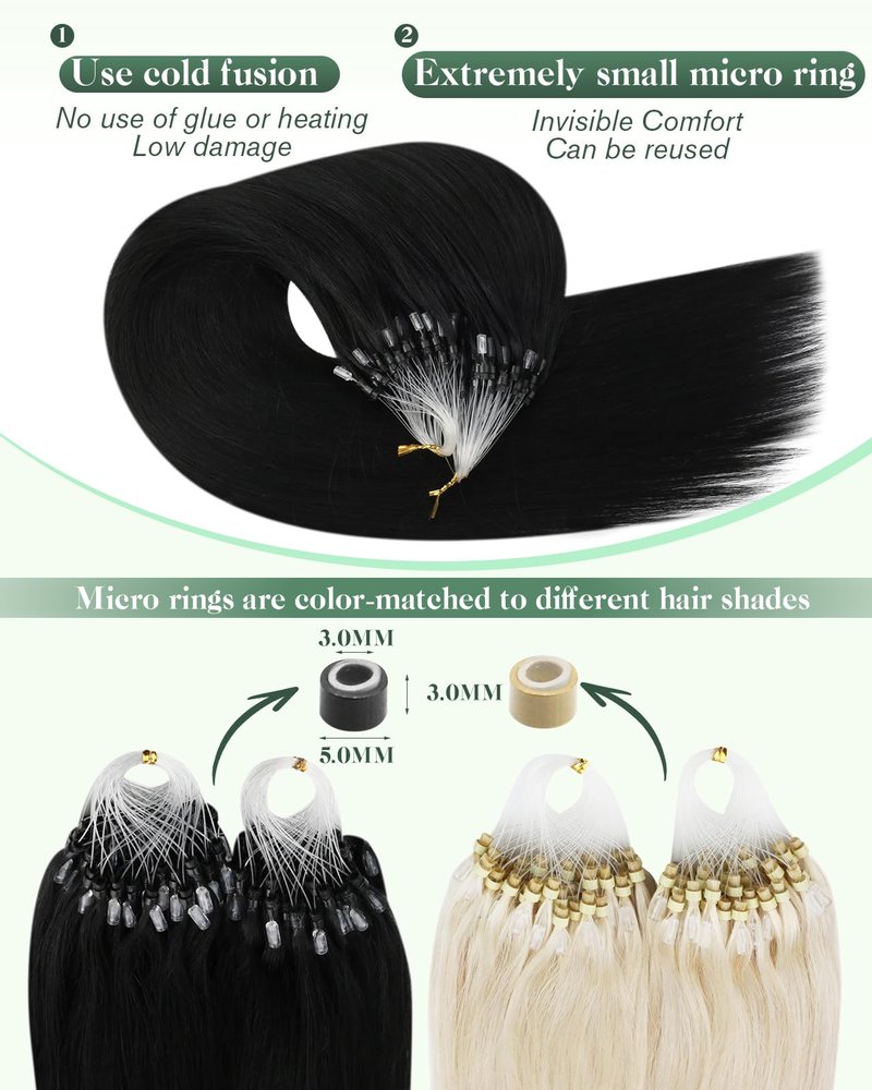 Ugeat Micro Link Hair Extensions, Black Micro Hair Extensions Human Hair, Jet Black Microbead Hair Extension, Remy Human Hair, No Heat or Glue Required, 18 Inch 50G 50S