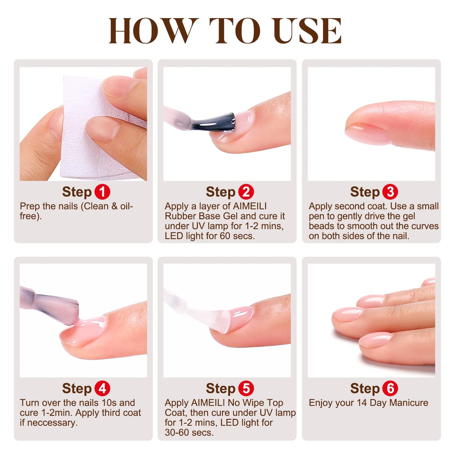 AIMEILI Hema Free Rubber Base Gel For Nails, Soak Off U V LED Clear Sheer Gel Nail Polish, 4 in 1 Nail Strengthen/Enhance/Base Coat/Color Set Of 6pcs X 10ml - Kit 46