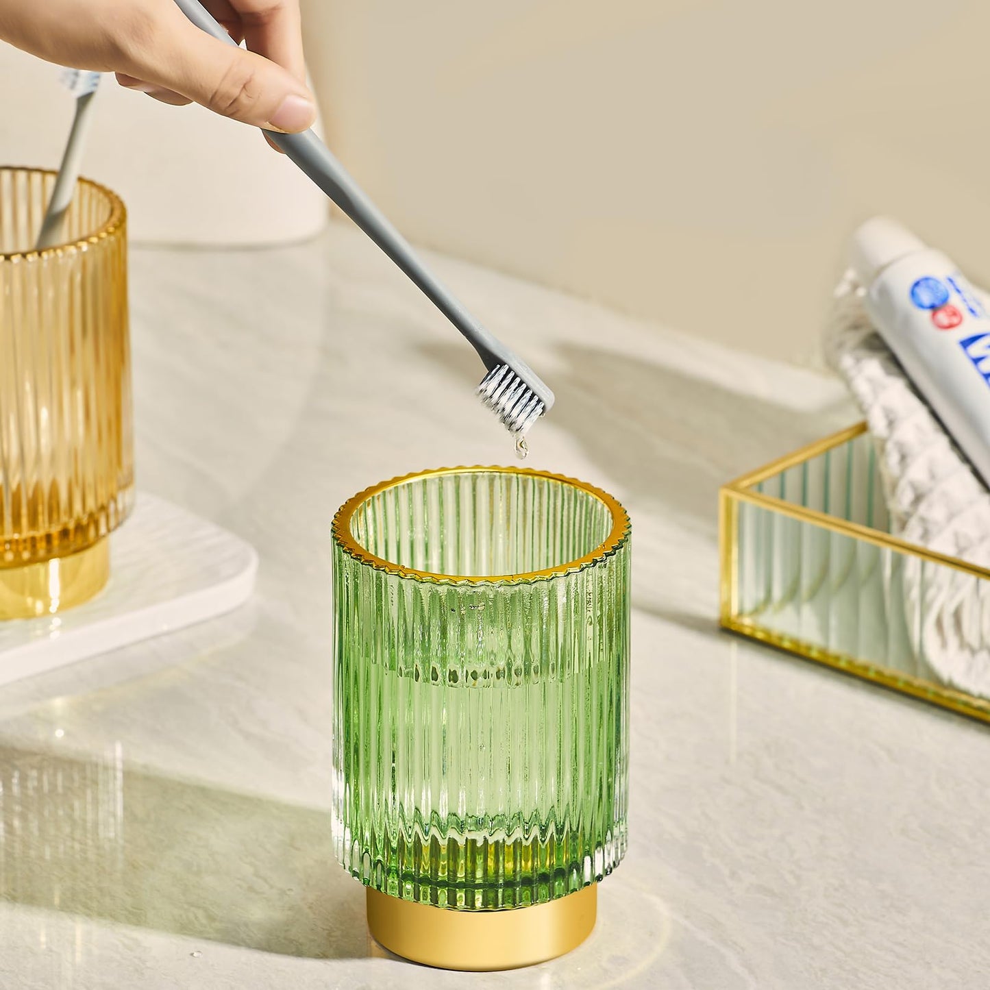 LEICURACE Makeup Brush Holder Organizer,Toothbrush Holders,Desk Pen Pencil Holder,Multifunctional Vintage Glass Brush Cup（S+L/Green/A3-1-US）