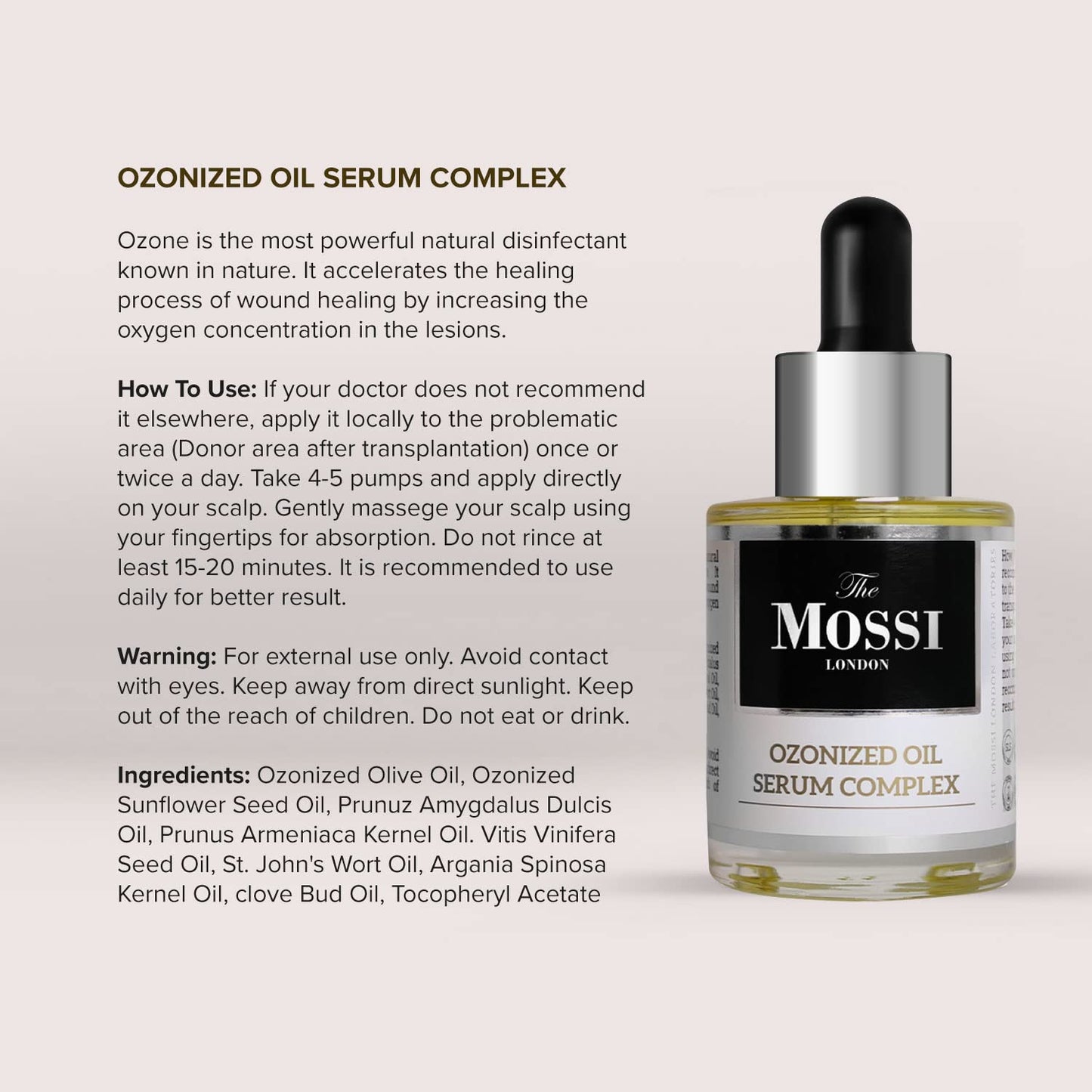 The Mossi London Ozonized Hair & Scalp Oil Serum - 50% Ozonated Olive Oil Treatment for Thicker-Looking Strands - Scalp Serum for Dry Scalp Care & Transplant Aftercare - 30ml