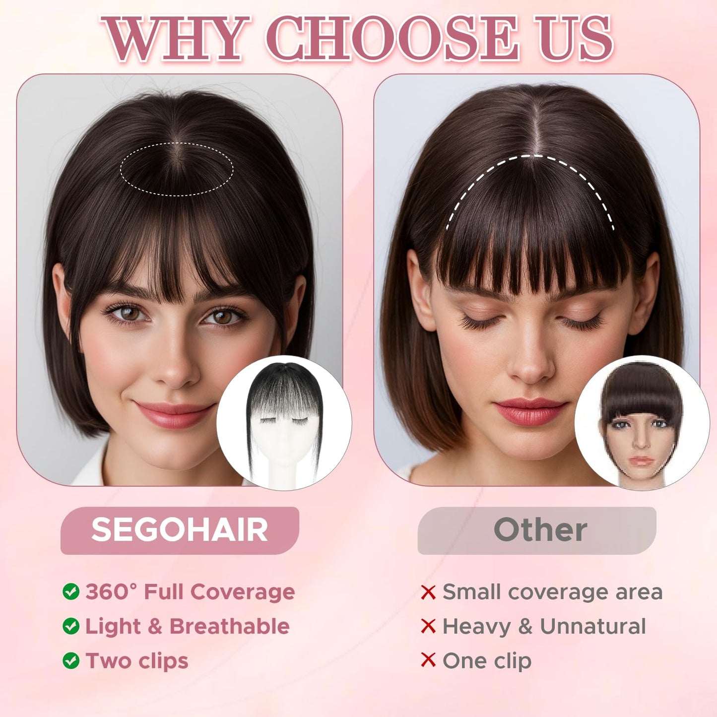 SEGO SEGOHAIR Clip in Bangs Hair Toppers for Women Real Human Hair, 360°3D Wispy Bangs for Thinning Hair Daily Wear (02, Dark Brown)