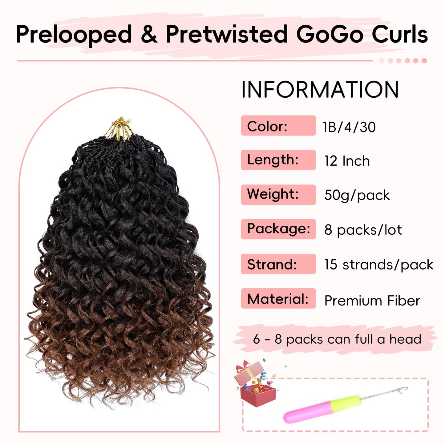 Aoisvk Pre looped GoGo Curl Crochet Hair 12 Inch 8pcs Curly Crochet Hair for Women Pre twisted Boho Box Braids with Curly Ends Water Wave Synthetic Hair Extensions Ombre Dark Brown to Brown 1B/4/30