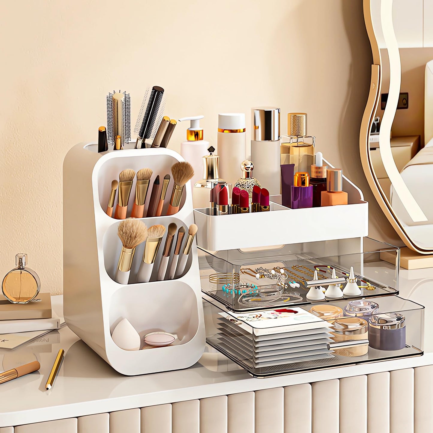 DASITON Makeup Organizer with Brush Holder for Vanity, Bathroom Countertop Organizer with 2 Drawers, Large skincare storage organizers for perfume, lipstick, Nail Polishes and Beauty Essential (White)