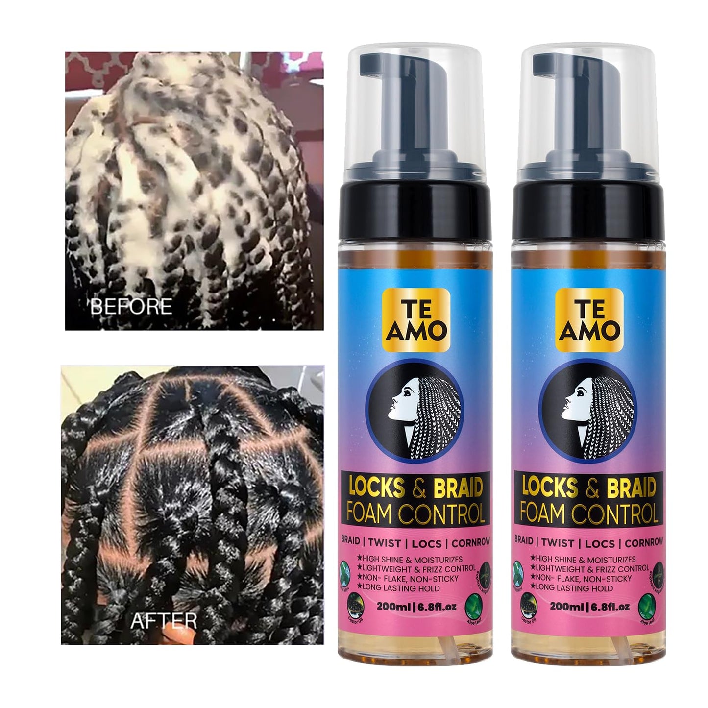 Te Amo Locks & Braid Foam Control – Long-Lasting Braid Foam for braiding | No Frizz or Fraying | Moisturizes & Seals Braids, Locs, Twists & Cornrows (6.8 oz)