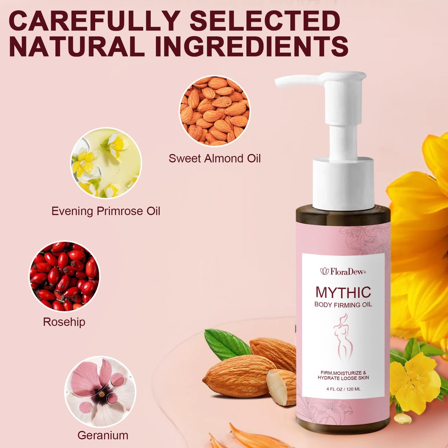 FloraDew+ Mythic Body Firming Oil for Women, Citrus Scented Moisturizing Body Oil, 4 FL OZ Vitamin E Skin Care Oil, Lightweight Fast Absorbing Daily Body Oil for Dry Skin
