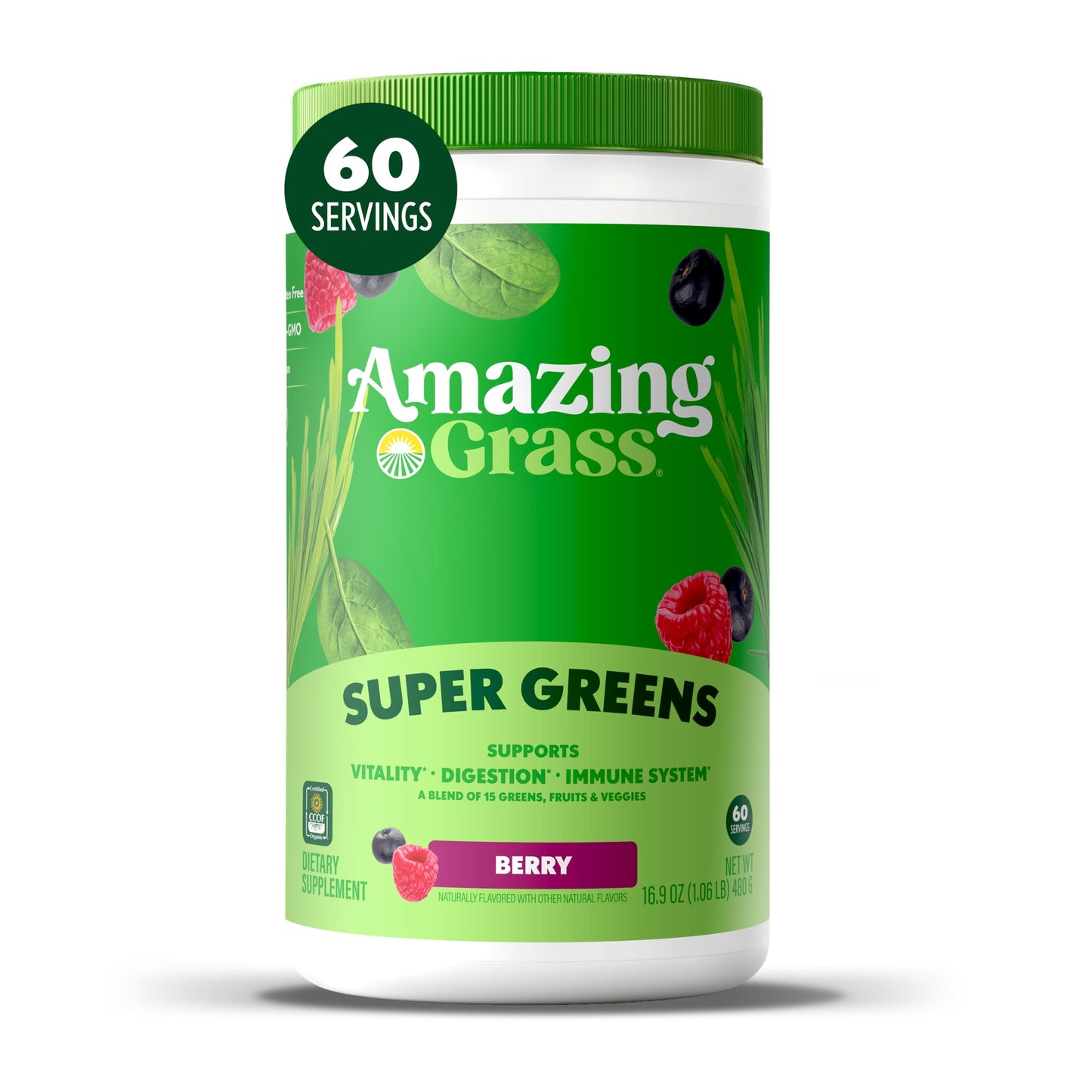 Amazing Grass Super Greens Powder, Organic, Greens Superfood Powder, Smoothie Supplements, Supports Digestion, Probiotics, Spirulina, Beet Root, Berry, 60 Servings, 16.9 Ounce (Packaging May Vary)