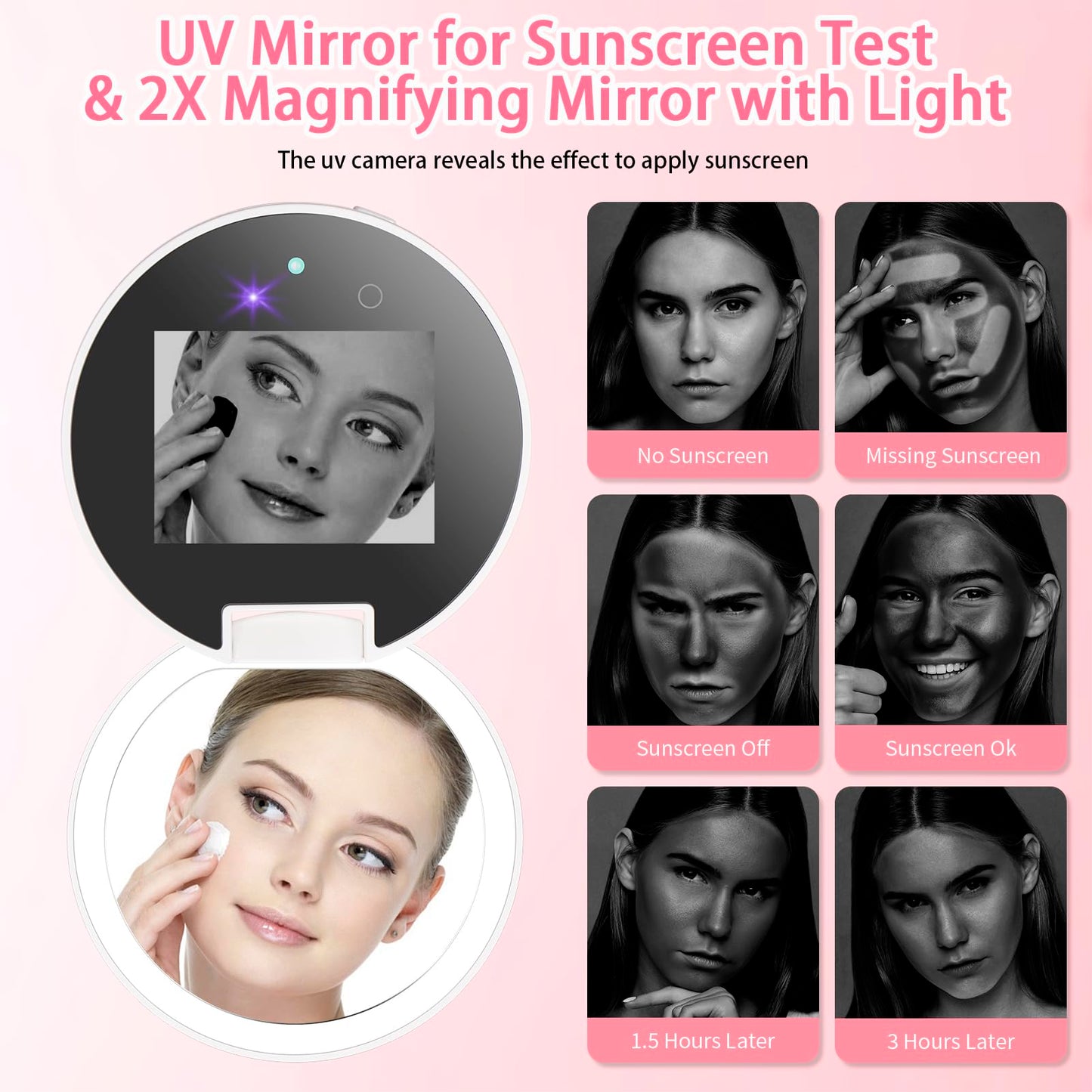DESCHEN UV Camera Mirror for Sunscreen Test, 2X Makeup Mirror with Lights and Magnification, Rechargeable 3.8 Inch Portable Pocket Mirror for Skin Protection