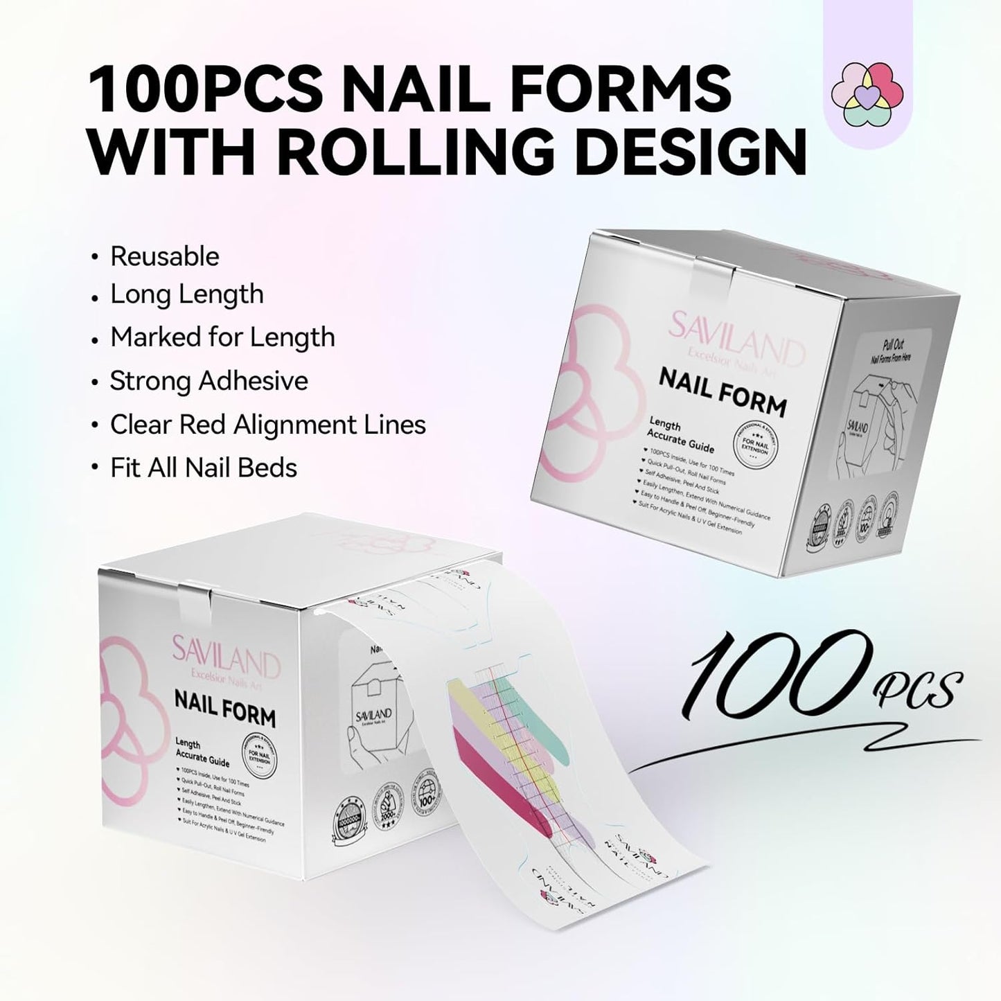 SAVILAND Plus Nail Forms - Reusable Sticky Nail Extension Forms for Builder Gel & Acrylic | Precise Length Guide