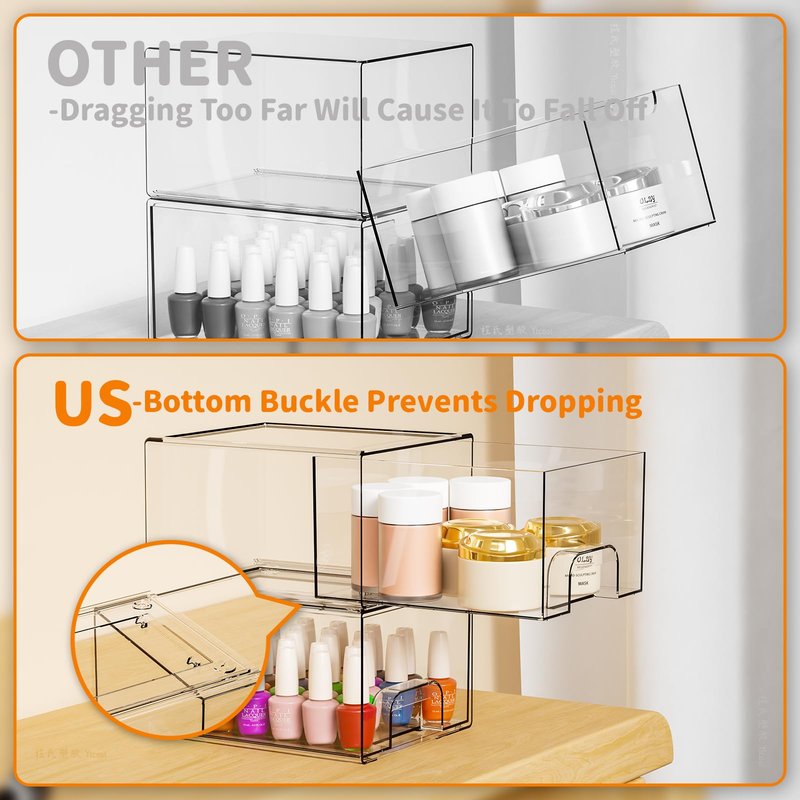 Yieach 6 Pack Small Stackable Storage Drawers,4.4 Inch Tall Stacking Acrylic Clear Storage Bins for Bathroom Vanity,Undersink,Pull Out Drawer Organizers for Beauty,Makeup,Medicine Cabinet Organizers