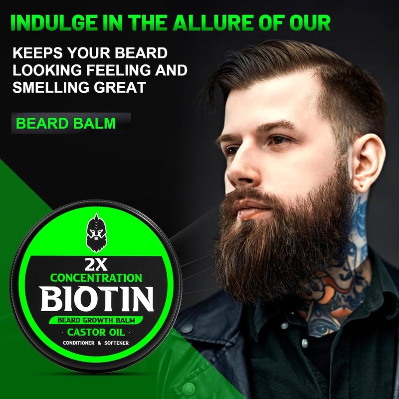 Beard Balm for Growth & Softening - 2X Thickening Biotin with Castor, Argan & Jojoba Oils | 2 Ounce, Vanilla, Cedar, Orange
