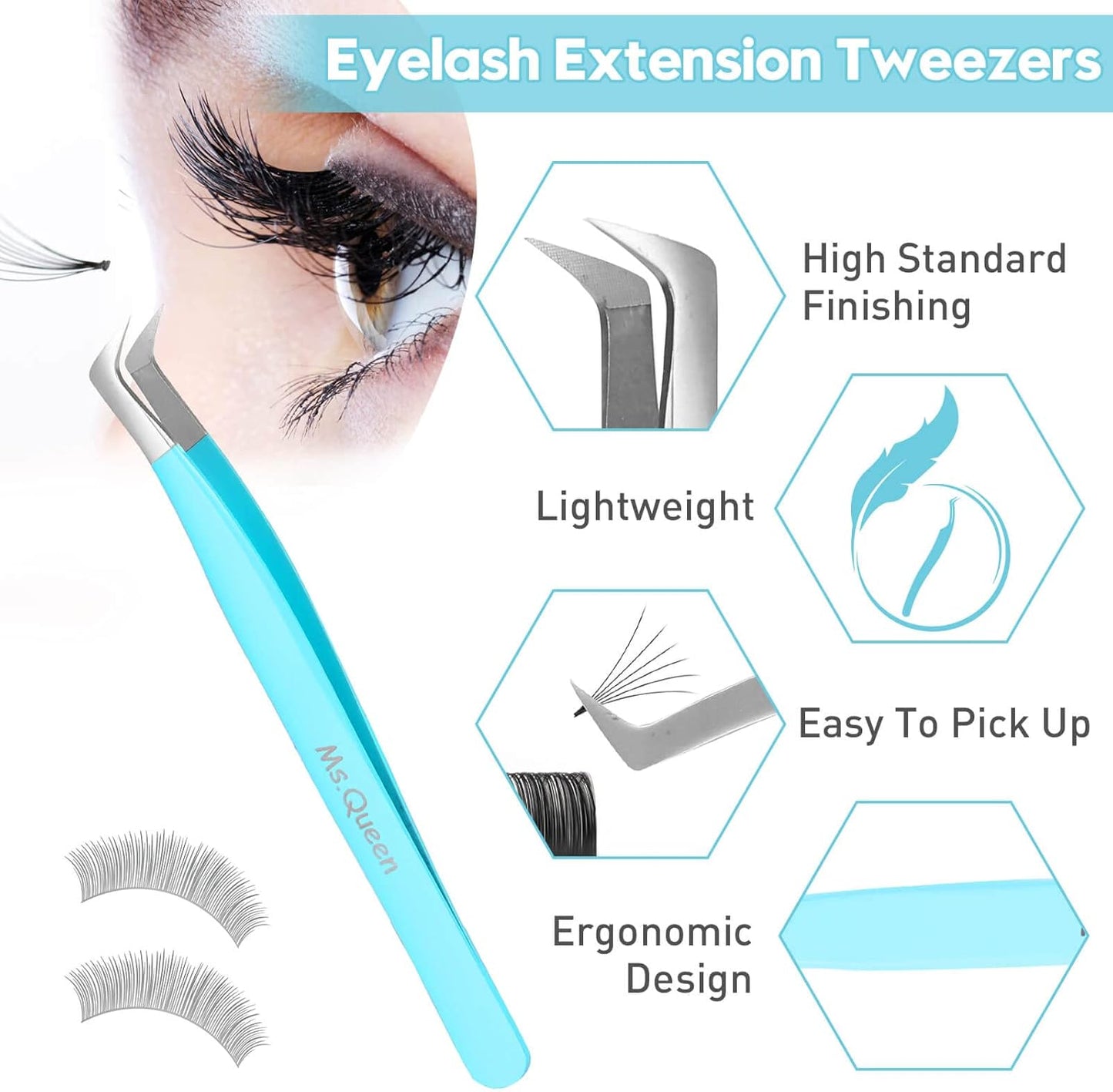 Lash Tweezers for Eyelash Extensions - Professional 5-Piece Curved Isolation Set | Blue Fiber Tip