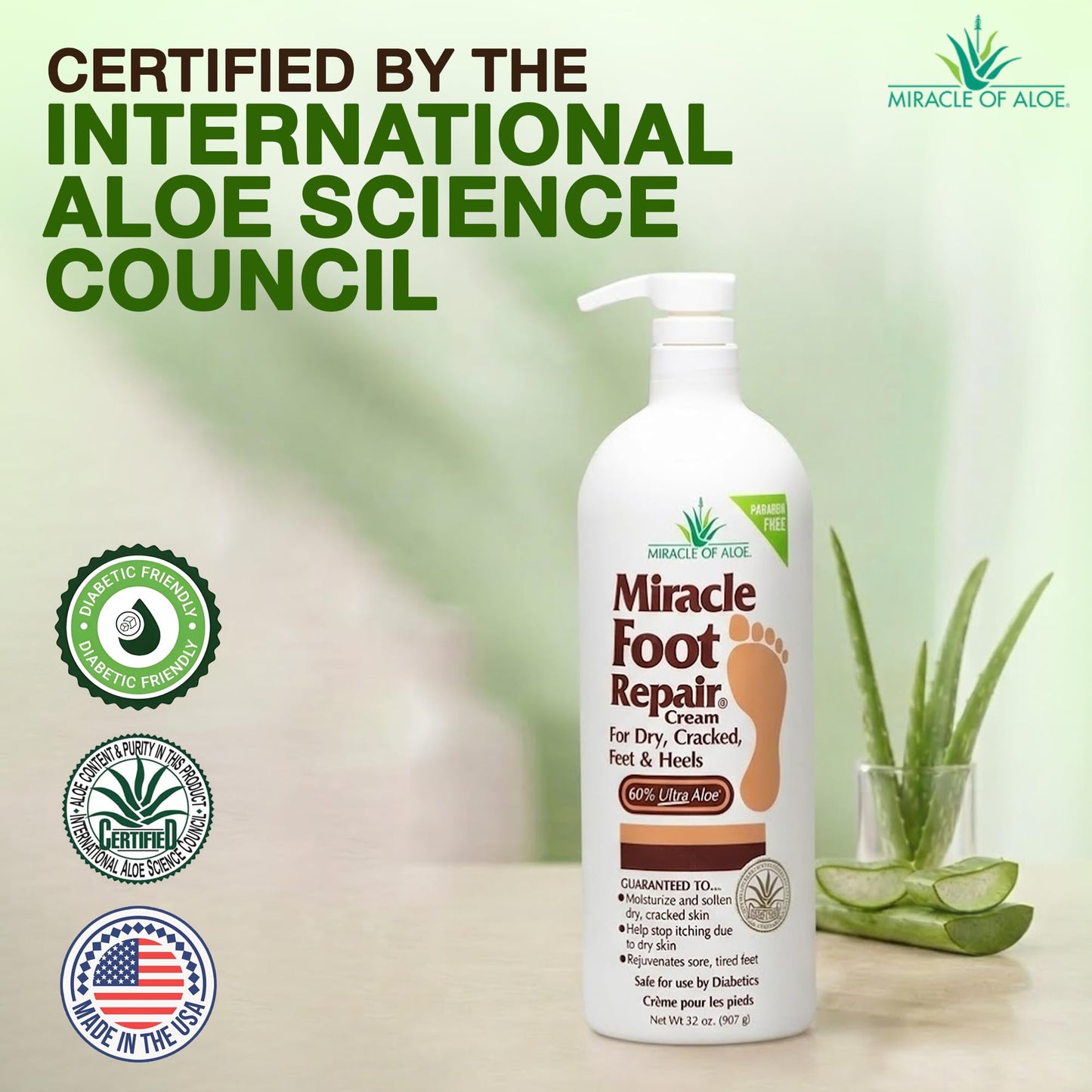 Miracle Foot Repair Cream (32 oz) Repairs Dry Cracked Heels and Feet, 60% Pure UltraAloe Moisturizes, Softens, and Repairs