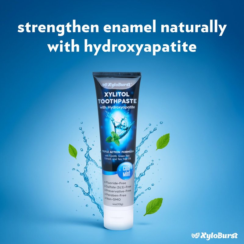 XyloBurst Hydroxyapatite Toothpaste with Xylitol - Fluoride-Free Hydroxyapatite Toothpaste, SLS-Free, Paraben Free, Cruelty Free, Made in the USA, Cool Mint, 4 oz Tube (3 Tubes)