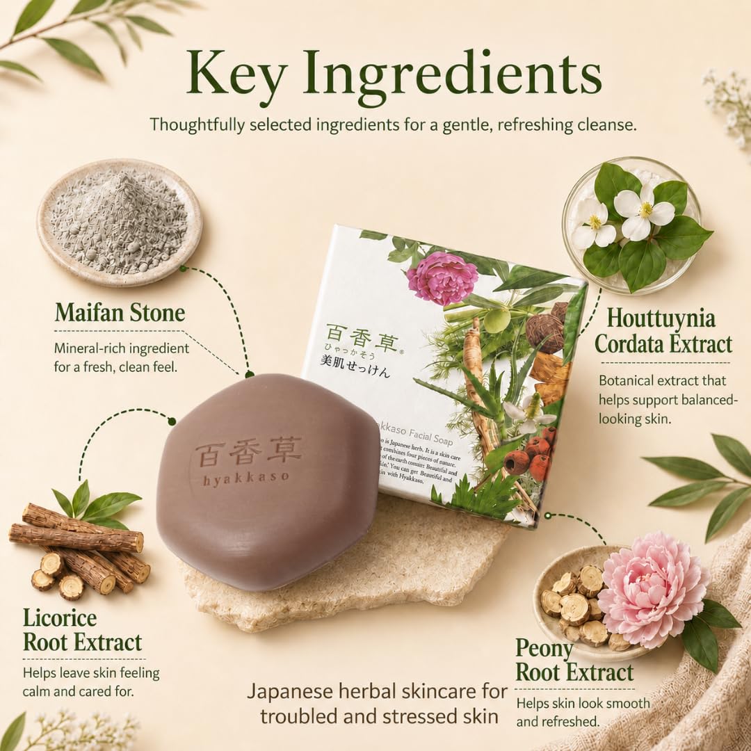 Hyakkaso JAPAN - Herbs & Minerals Facial Soap 80g 2.8Oz , with sample trial size Hyaluronic Acid Facial Toner 30ml & Hyaluronic Acid & Herbs Serum 4ml , Daily Cleansing and Acne Care, All Skin Types