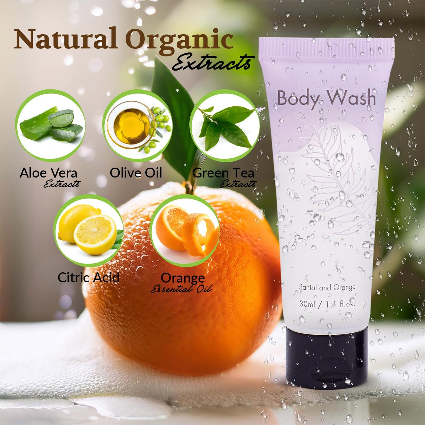 NISGUR Leak-Proof Travel Size Body Wash 1 Oz Each Pack of 100 Bulk Pack Hotel Body Wash Santal and Orange Scent Amenities and Toiletries for Hospitality
