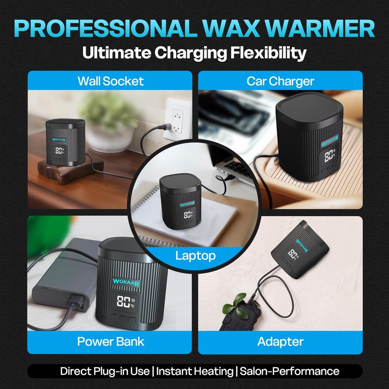 Wokaar Nose Wax Kit for Eyebrow and Ear Hair | 100gWax, 50 Face Waxing Sticks | USB-C(5V/2A) Wax Warmer | Hair Removal Kit for Men & Women | 15 Pre/Post Wipes, Ear and Mustache Guards & Earplug